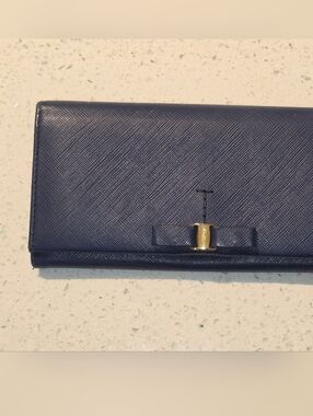 Salvatore Ferragamo Elegant Navy Long Wallet with Gold Bow Accent